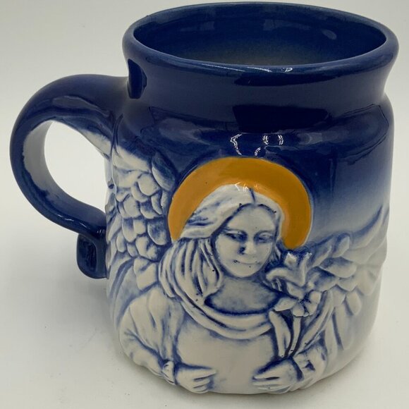 Vintage Flat Earth Pottery ‘92 Coffee Mug signed 3D Angel w/ Wings Cobalt Blue - Picture 7 of 8